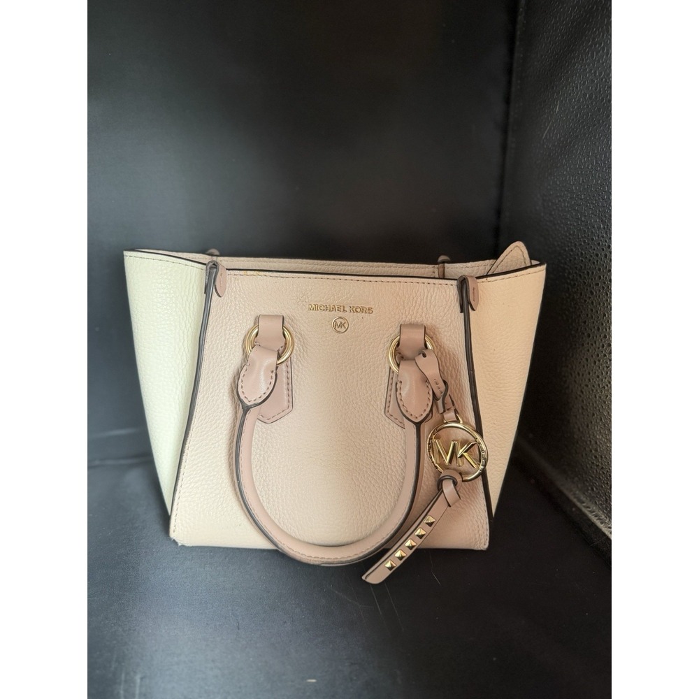 Michael Kors Soft Pink Cream Pebbled Leather Satchel Gold Hardware MK Logo Bag